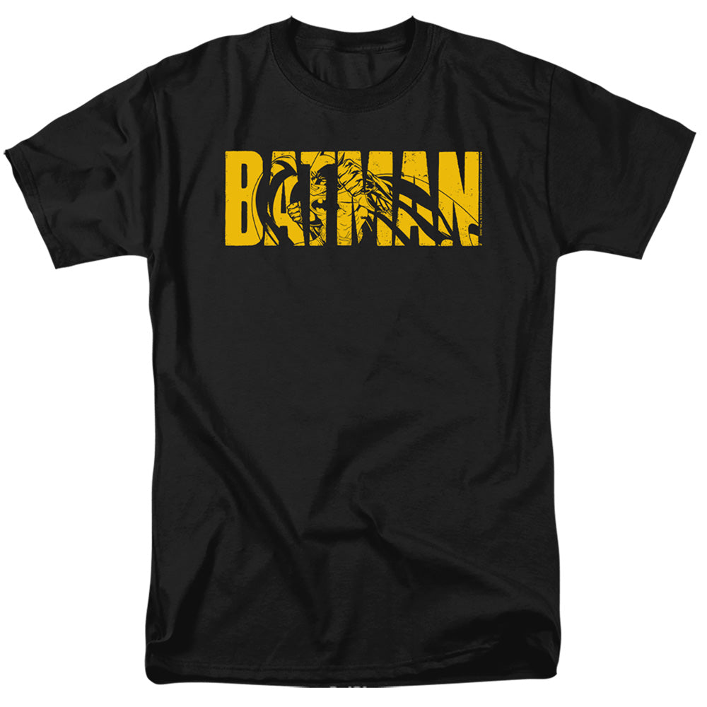 AN OFFCIALLY LICENSED BATMAN TEXT ON BLACK MEN'S REGULAR FIT T-SHIRT BLACK