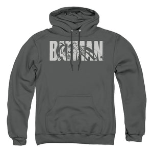 AN OFFCIALLY LICENSED BATMAN TEXT ON GRAY ADULT UNISEX PULLOVER HOODIE CHARCOAL