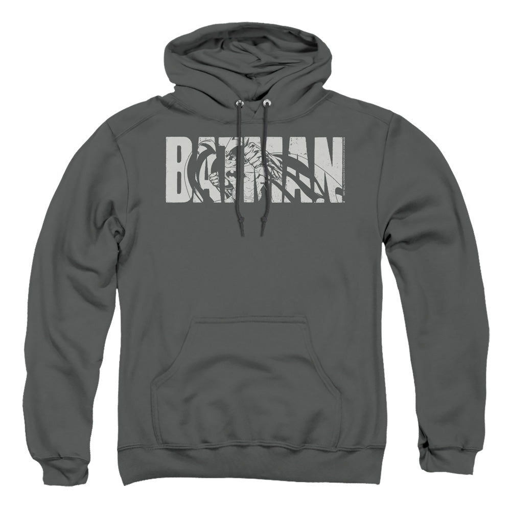 AN OFFCIALLY LICENSED BATMAN TEXT ON GRAY ADULT UNISEX PULLOVER HOODIE CHARCOAL