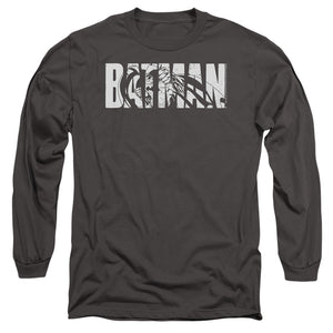 AN OFFCIALLY LICENSED BATMAN TEXT ON GRAY MEN'S LONG SLEEVE T-SHIRT CHARCOAL