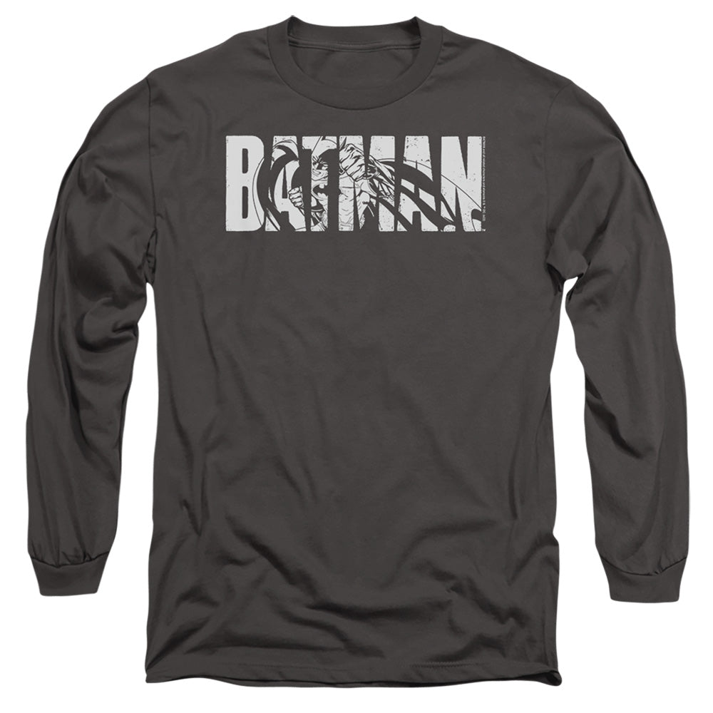 AN OFFCIALLY LICENSED BATMAN TEXT ON GRAY MEN'S LONG SLEEVE T-SHIRT CHARCOAL