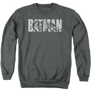AN OFFCIALLY LICENSED BATMAN TEXT ON GRAY ADULT UNISEX CREWNECK SWEATSHIRT CHARCOAL