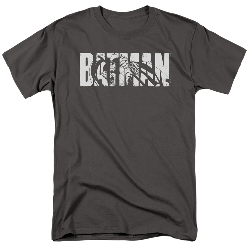 AN OFFCIALLY LICENSED BATMAN TEXT ON GRAY MEN'S REGULAR FIT T-SHIRT CHARCOAL