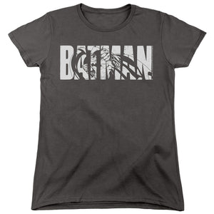 AN OFFCIALLY LICENSED BATMAN TEXT ON GRAY WOMEN'S REGULAR FIT T-SHIRT CHARCOAL