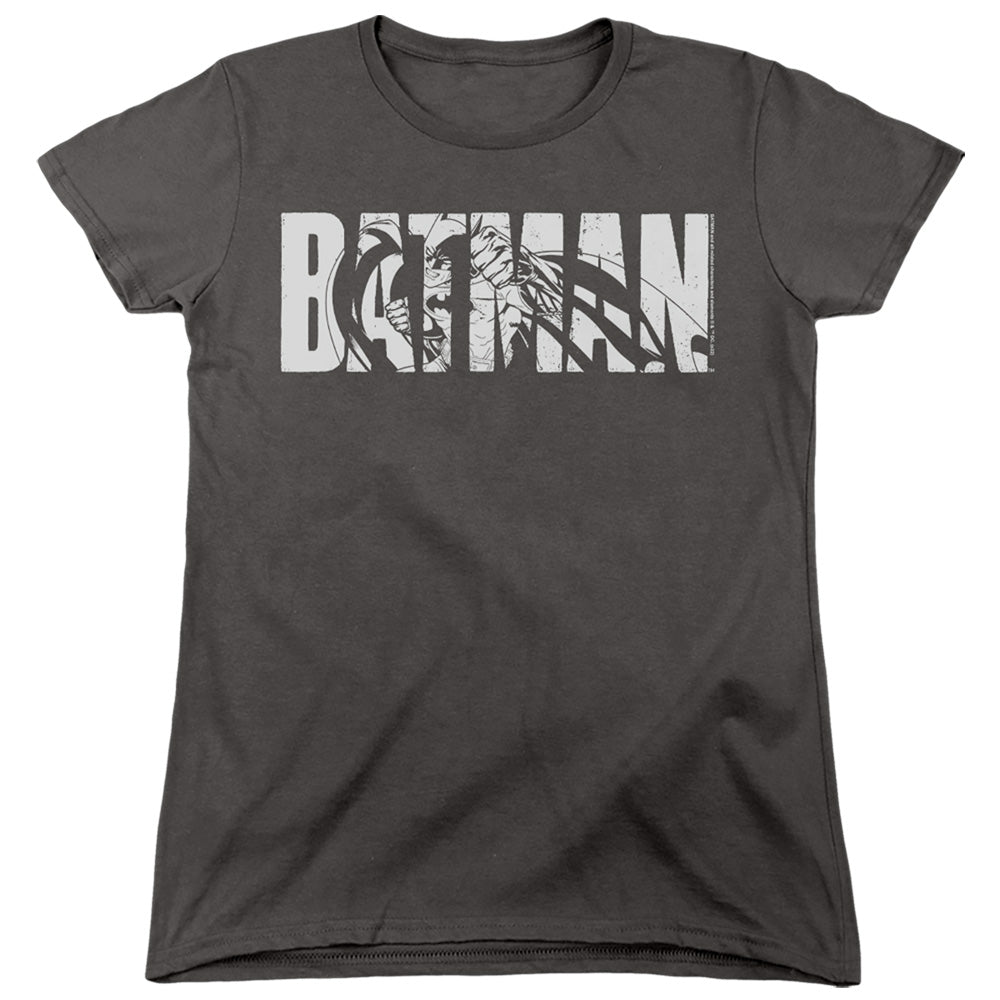AN OFFCIALLY LICENSED BATMAN TEXT ON GRAY WOMEN'S REGULAR FIT T-SHIRT CHARCOAL
