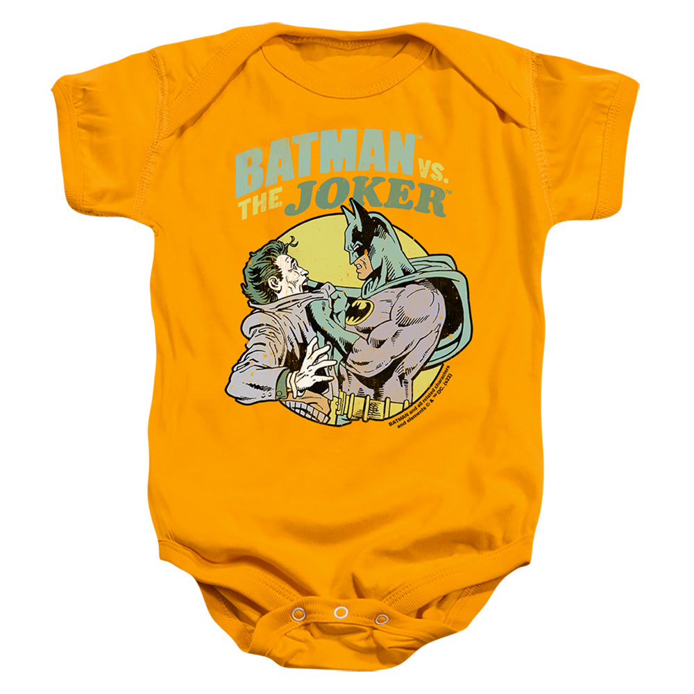 AN OFFCIALLY LICENSED BATMAN BATMAN VS JOKER 1 BABY BODYSUIT GOLD