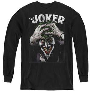 AN OFFCIALLY LICENSED BATMAN CRAZED JOKER YOUTH LONG SLEEVE T-SHIRT BLACK