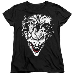 AN OFFCIALLY LICENSED BATMAN JOKER RED ON BLACK WOMEN'S REGULAR FIT T-SHIRT BLACK