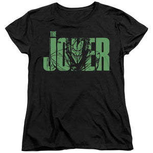 AN OFFCIALLY LICENSED BATMAN JOKER TEXT ON BLACK WOMEN'S REGULAR FIT T-SHIRT BLACK