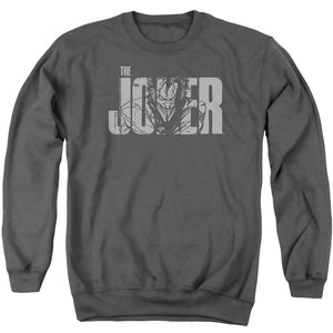 AN OFFCIALLY LICENSED BATMAN JOKER TEXT ON GRAY ADULT UNISEX CREWNECK SWEATSHIRT CHARCOAL