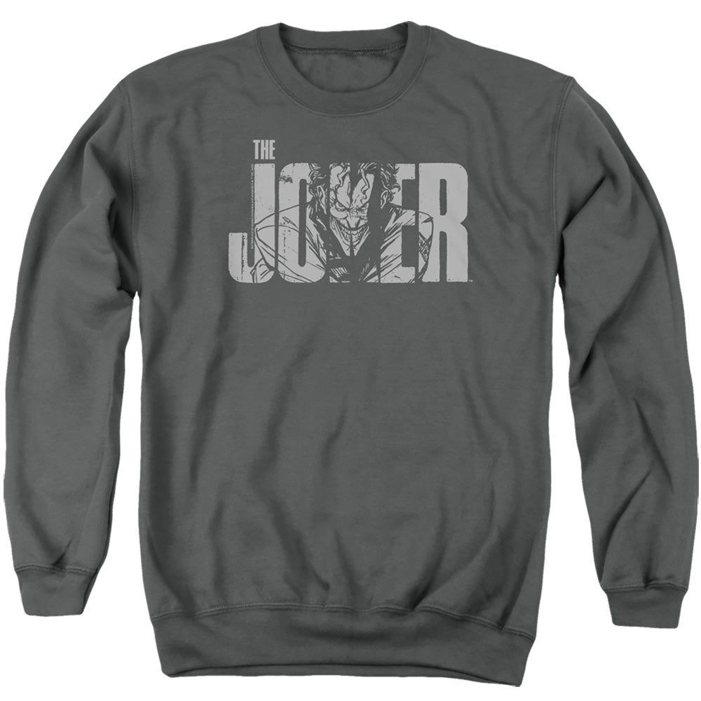 AN OFFCIALLY LICENSED BATMAN JOKER TEXT ON GRAY ADULT UNISEX CREWNECK SWEATSHIRT CHARCOAL