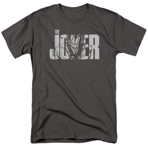 AN OFFCIALLY LICENSED BATMAN JOKER TEXT ON GRAY MEN'S REGULAR FIT T-SHIRT CHARCOAL