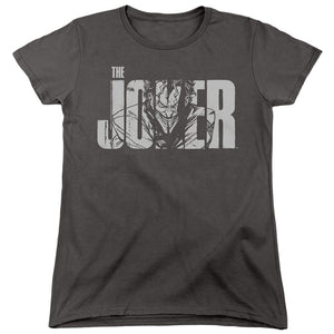 AN OFFCIALLY LICENSED BATMAN JOKER TEXT ON GRAY WOMEN'S REGULAR FIT T-SHIRT CHARCOAL