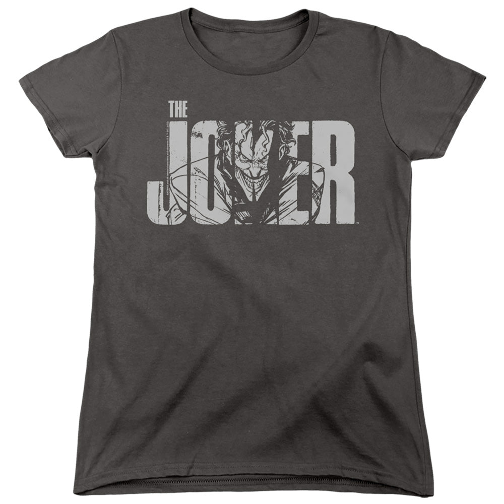 AN OFFCIALLY LICENSED BATMAN JOKER TEXT ON GRAY WOMEN'S REGULAR FIT T-SHIRT CHARCOAL