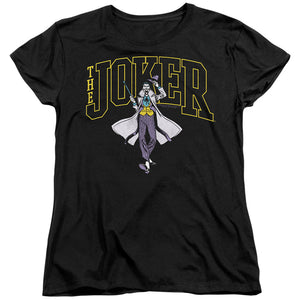 AN OFFCIALLY LICENSED BATMAN JOKER VARSITY ON BLACK WOMEN'S REGULAR FIT T-SHIRT BLACK