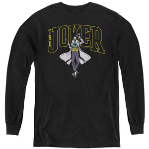 AN OFFCIALLY LICENSED BATMAN JOKER VARSITY ON BLACK YOUTH LONG SLEEVE T-SHIRT BLACK