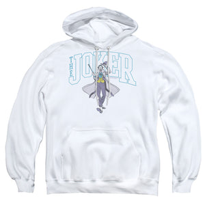 AN OFFCIALLY LICENSED BATMAN JOKER VARSITY ON WHITE ADULT UNISEX PULLOVER HOODIE WHITE