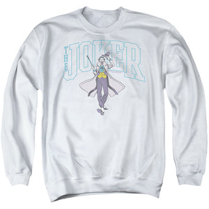 AN OFFCIALLY LICENSED BATMAN JOKER VARSITY ON WHITE ADULT UNISEX CREWNECK SWEATSHIRT WHITE
