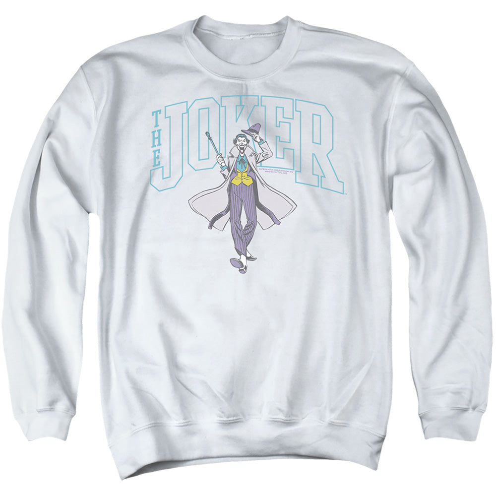 AN OFFCIALLY LICENSED BATMAN JOKER VARSITY ON WHITE ADULT UNISEX CREWNECK SWEATSHIRT WHITE