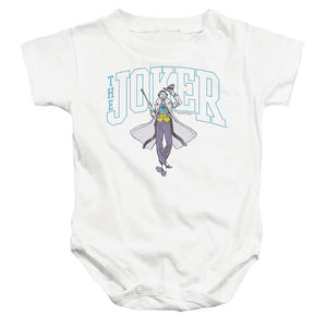 AN OFFCIALLY LICENSED BATMAN JOKER VARSITY ON WHITE BABY BODYSUIT WHITE