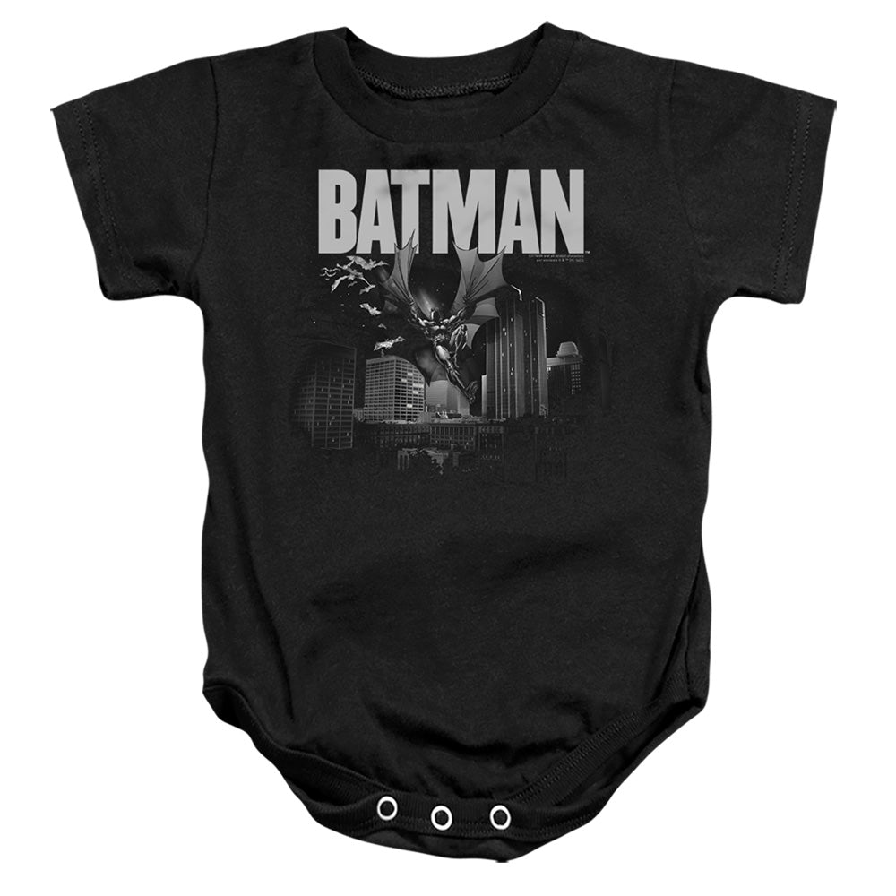 AN OFFCIALLY LICENSED BATMAN LIGHT BLUELINE BABY BODYSUIT BLACK
