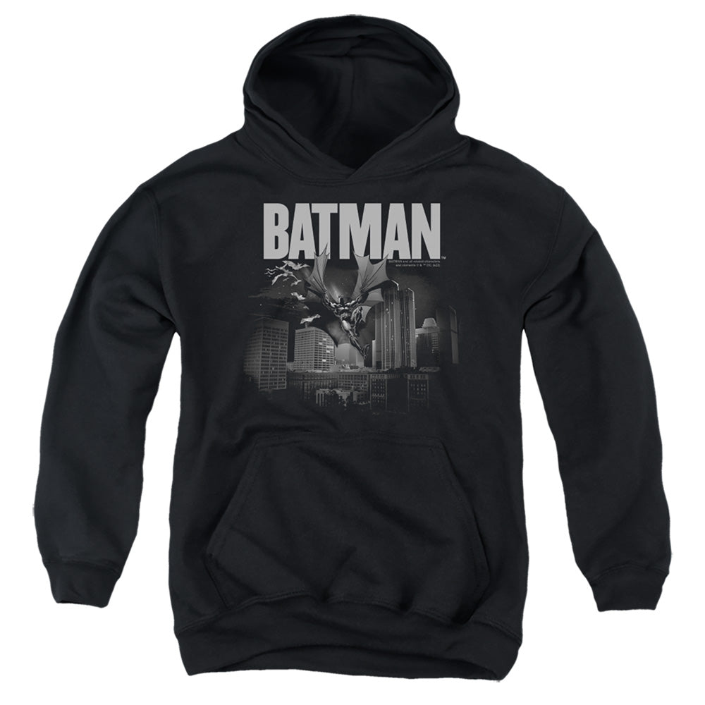 AN OFFCIALLY LICENSED BATMAN LIGHT BLUELINE YOUTH HOODIE BLACK