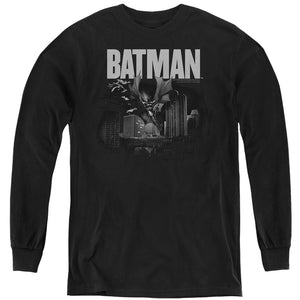 AN OFFCIALLY LICENSED BATMAN LIGHT BLUELINE YOUTH LONG SLEEVE T-SHIRT BLACK