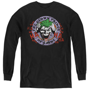 AN OFFCIALLY LICENSED BATMAN SMILE EMBLEM 1 YOUTH LONG SLEEVE T-SHIRT BLACK
