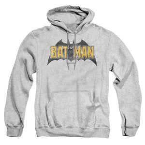 AN OFFCIALLY LICENSED BATMAN VINTAGE BAT LOGO ON GRAY ADULT UNISEX PULLOVER HOODIE ATHLETIC HEATHER
