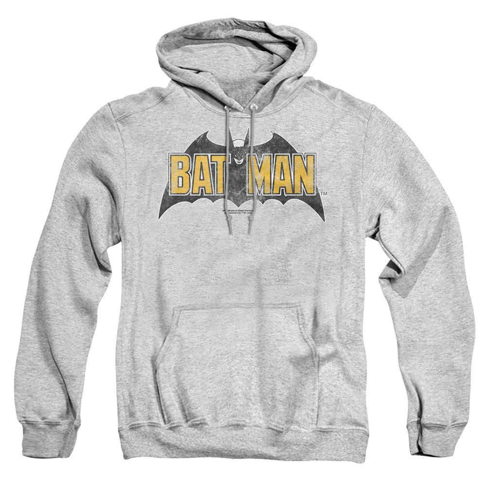 AN OFFCIALLY LICENSED BATMAN VINTAGE BAT LOGO ON GRAY ADULT UNISEX PULLOVER HOODIE ATHLETIC HEATHER