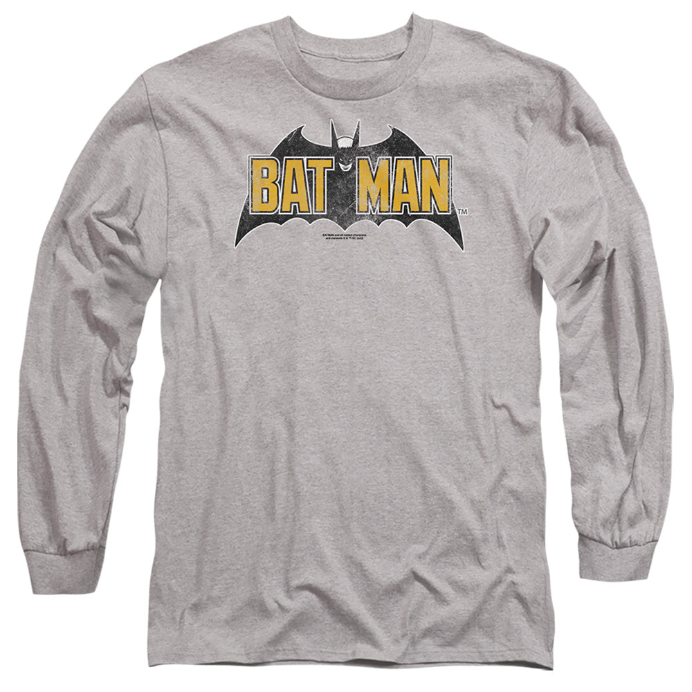 AN OFFCIALLY LICENSED BATMAN VINTAGE BAT LOGO ON GRAY MEN'S LONG SLEEVE T-SHIRT ATHLETIC HEATHER