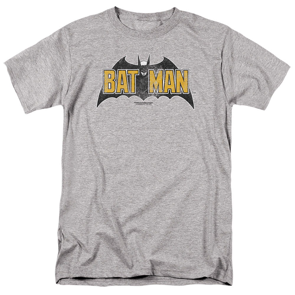 AN OFFCIALLY LICENSED BATMAN VINTAGE BAT LOGO ON GRAY MEN'S REGULAR FIT T-SHIRT ATHLETIC HEATHER