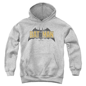 AN OFFCIALLY LICENSED BATMAN VINTAGE BAT LOGO ON GRAY YOUTH HOODIE ATHLETIC HEATHER