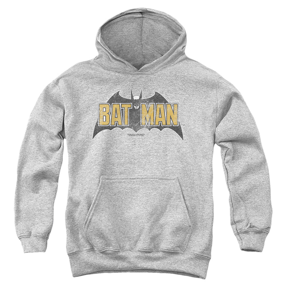 AN OFFCIALLY LICENSED BATMAN VINTAGE BAT LOGO ON GRAY YOUTH HOODIE ATHLETIC HEATHER