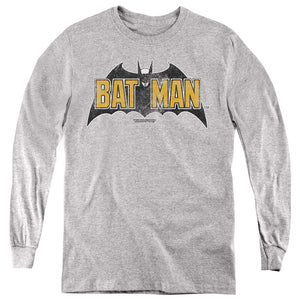 AN OFFCIALLY LICENSED BATMAN VINTAGE BAT LOGO ON GRAY YOUTH LONG SLEEVE T-SHIRT ATHLETIC HEATHER