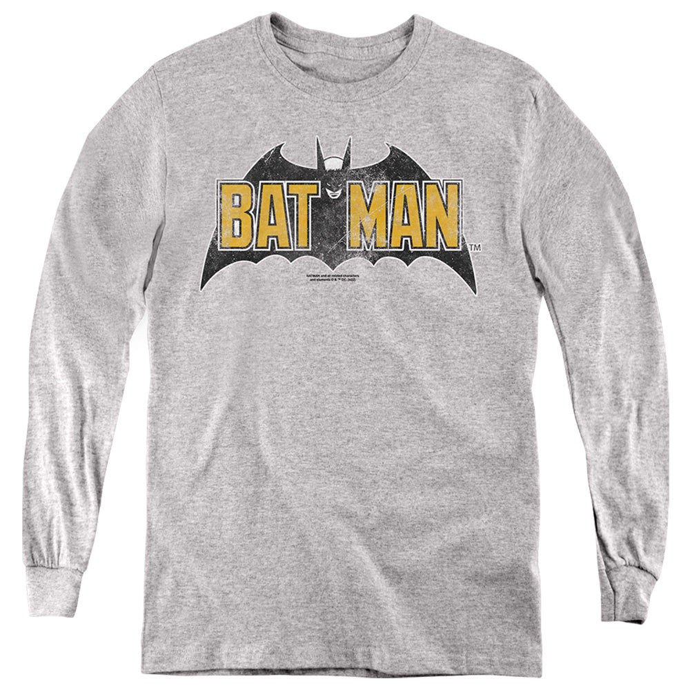 AN OFFCIALLY LICENSED BATMAN VINTAGE BAT LOGO ON GRAY YOUTH LONG SLEEVE T-SHIRT ATHLETIC HEATHER