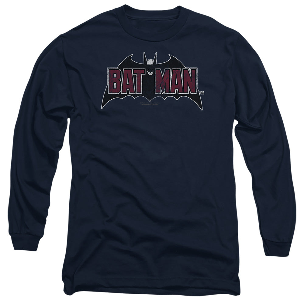 AN OFFCIALLY LICENSED BATMAN VINTAGE BAT LOGO ON NAVY MEN'S LONG SLEEVE T-SHIRT NAVY