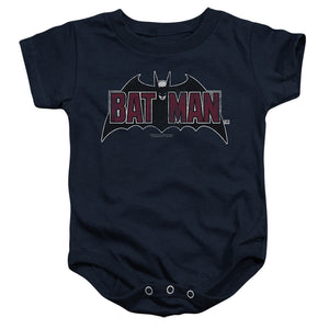 AN OFFCIALLY LICENSED BATMAN VINTAGE BAT LOGO ON NAVY BABY BODYSUIT NAVY