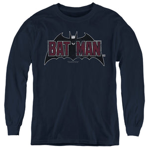 AN OFFCIALLY LICENSED BATMAN VINTAGE BAT LOGO ON NAVY YOUTH LONG SLEEVE T-SHIRT NAVY