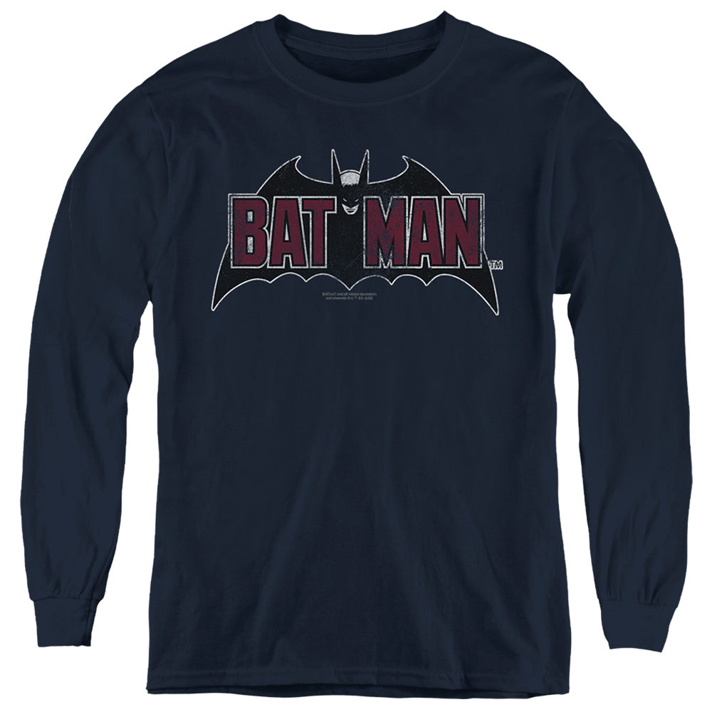 AN OFFCIALLY LICENSED BATMAN VINTAGE BAT LOGO ON NAVY YOUTH LONG SLEEVE T-SHIRT NAVY