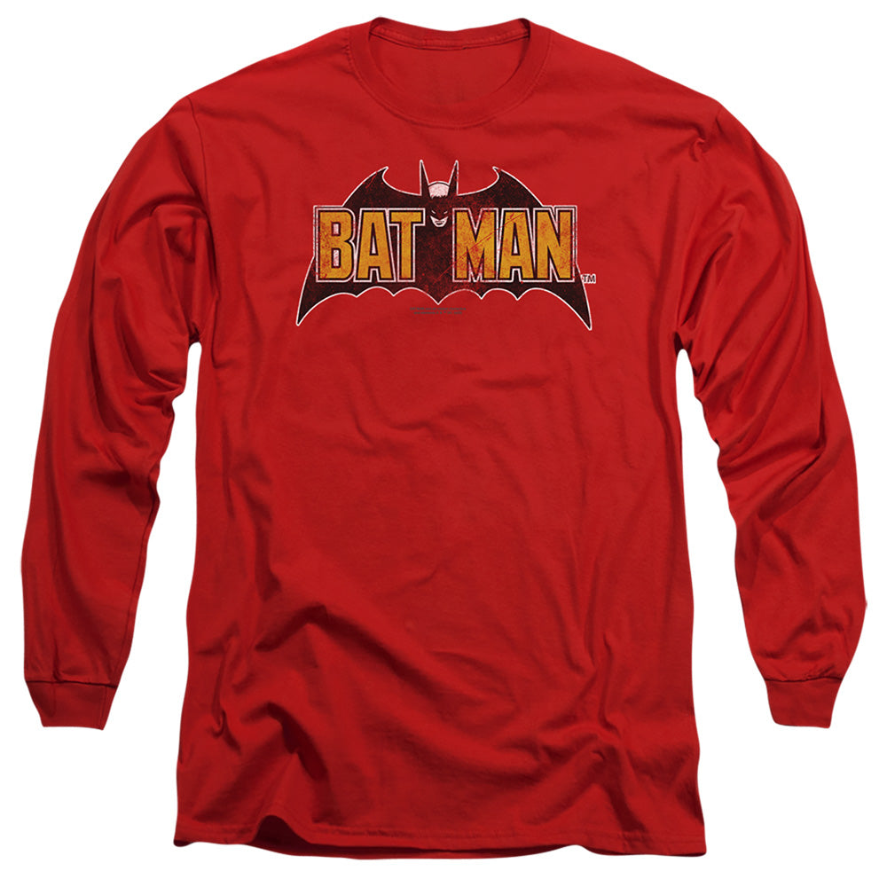 AN OFFCIALLY LICENSED BATMAN VINTAGE BAT LOGO ON RED MEN'S LONG SLEEVE T-SHIRT RED