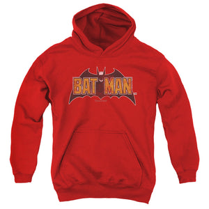 AN OFFCIALLY LICENSED BATMAN VINTAGE BAT LOGO ON RED YOUTH HOODIE RED