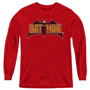 AN OFFCIALLY LICENSED BATMAN VINTAGE BAT LOGO ON RED YOUTH LONG SLEEVE T-SHIRT RED