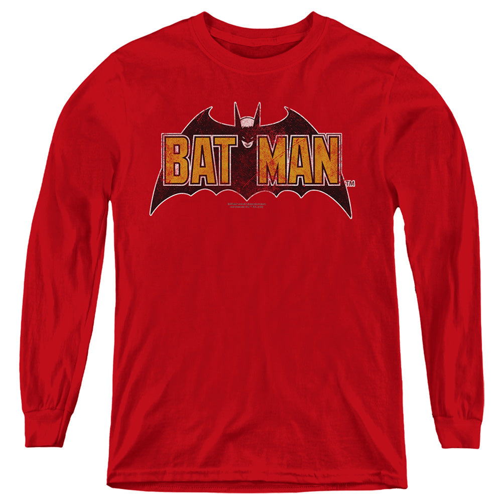 AN OFFCIALLY LICENSED BATMAN VINTAGE BAT LOGO ON RED YOUTH LONG SLEEVE T-SHIRT RED