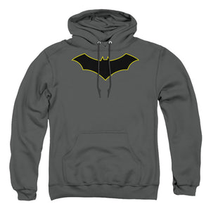 AN OFFCIALLY LICENSED BATMAN BATMAN LOGO YELLOW OUTLINE ADULT UNISEX PULLOVER HOODIE CHARCOAL