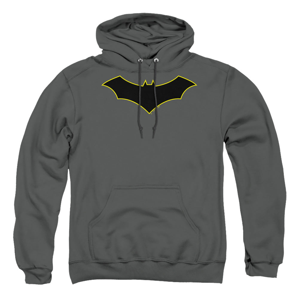 AN OFFCIALLY LICENSED BATMAN BATMAN LOGO YELLOW OUTLINE ADULT UNISEX PULLOVER HOODIE CHARCOAL