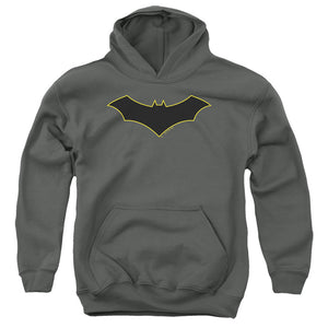 AN OFFCIALLY LICENSED BATMAN BATMAN LOGO YELLOW OUTLINE YOUTH HOODIE CHARCOAL