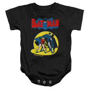 AN OFFCIALLY LICENSED BATMAN BATMAN AND ROBIN SPOTLIGHT BABY BODYSUIT BLACK