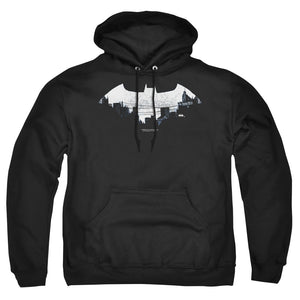 AN OFFCIALLY LICENSED BATMAN BAT LOGO CITYSCAPE ADULT UNISEX PULLOVER HOODIE BLACK