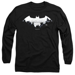 AN OFFCIALLY LICENSED BATMAN BAT LOGO CITYSCAPE MEN'S LONG SLEEVE T-SHIRT BLACK